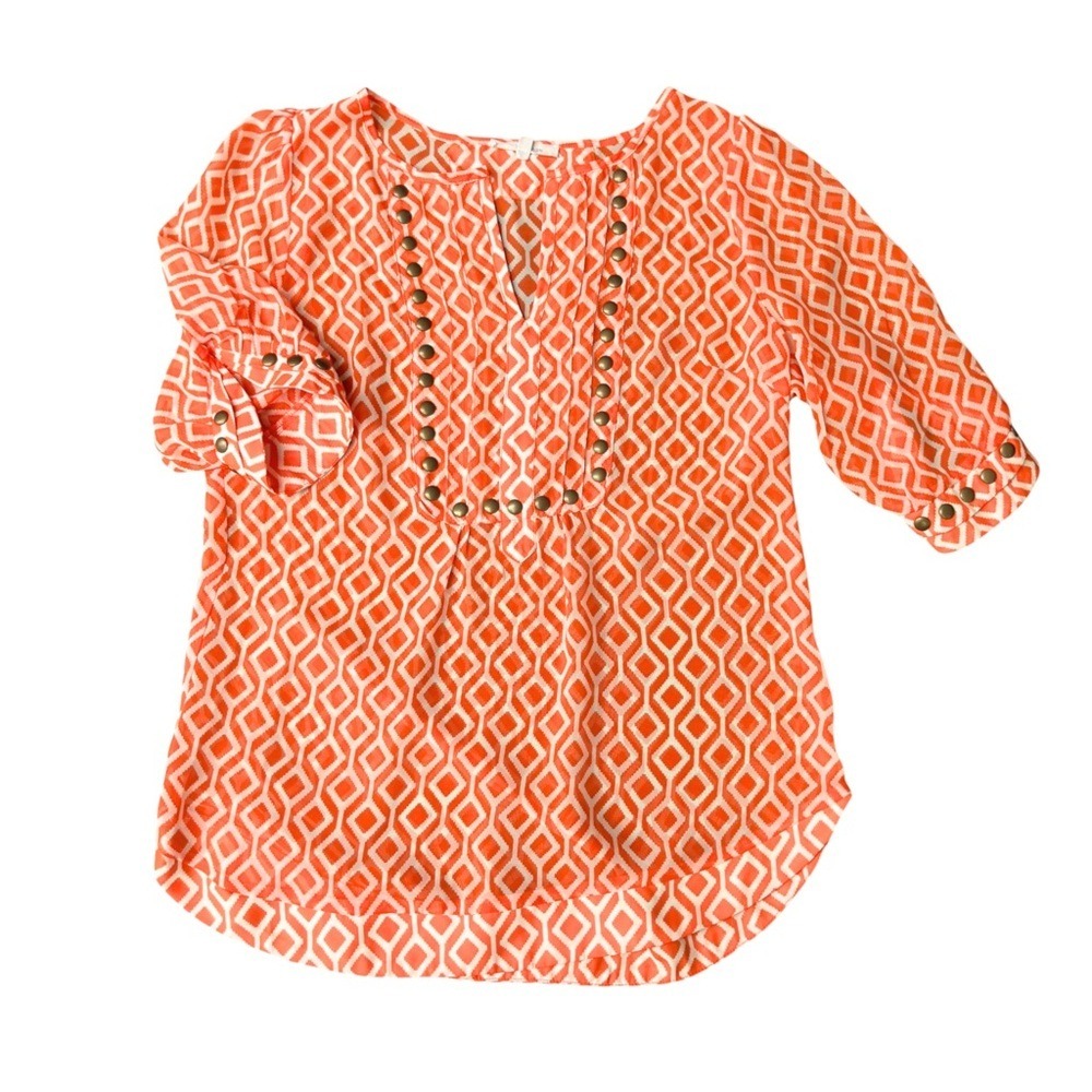 41 Hawthorn Studded Semi Sheer Boho Blouse‎ Womens Small Orange and White